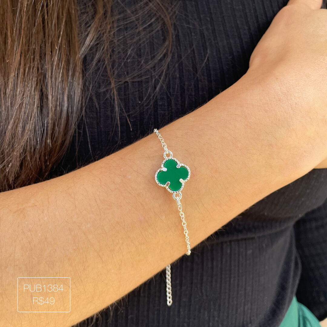 Pulseira c/ 1 Trevo G Verde Lisa Prateada